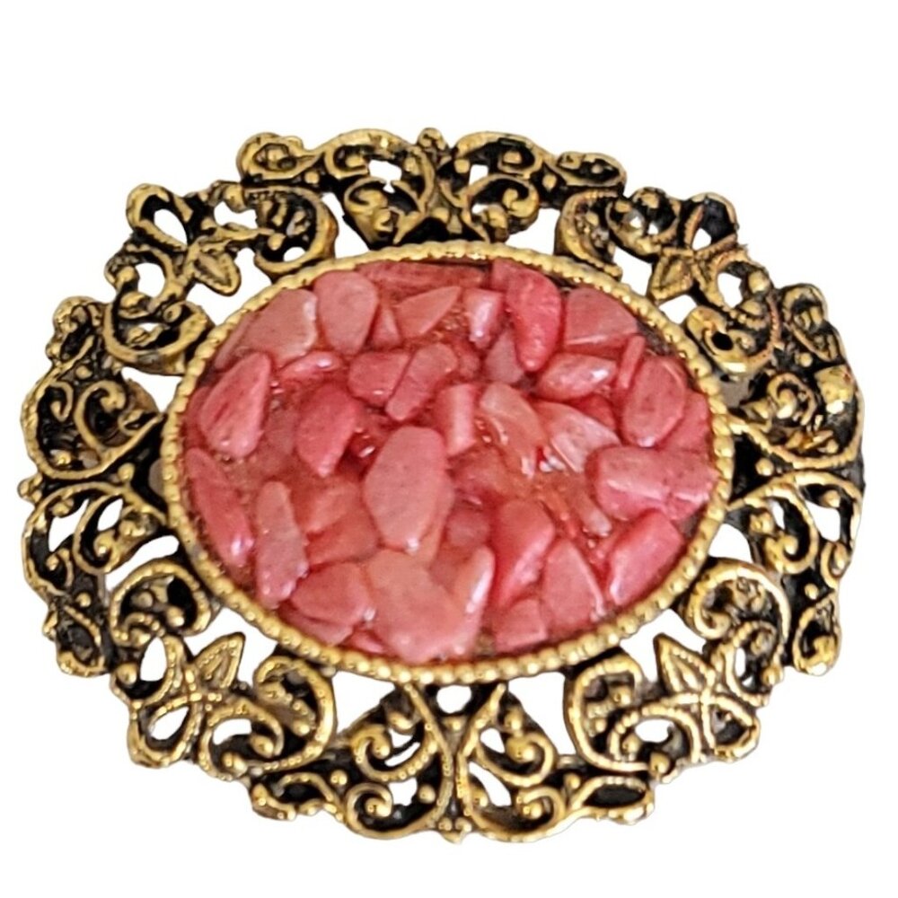 Gold Tone Pink Stone Chip Filigree Cameo Style Pin Brooch K493